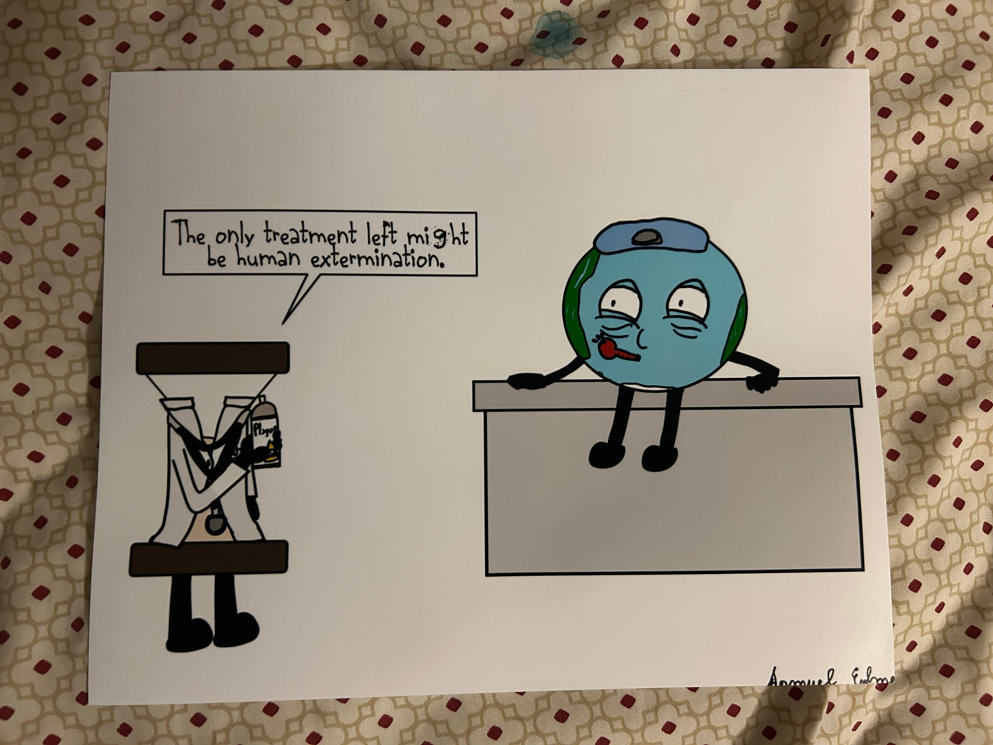 Cartoon with the Earth and an hourglass on a patterned fabric background